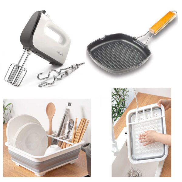 Mixer electric, 7 viteze + Tigaie grill, antiaderenta, cu maner ergonomic, pliabil si detasabil + Scurgator vase cu suport pahare!