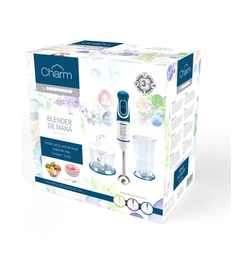 Mixer vertical Heinner Charm HB-600BL, 600 W, 2 viteze, albastru