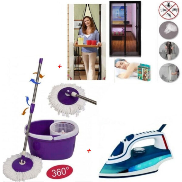 Mop rotativ cu galeata, Easy Clean + Fier de Calcat cu aburi Ultra Slide + Cadou Perdea Anti Insecte Magic Mesh cu inchidere magnetica!