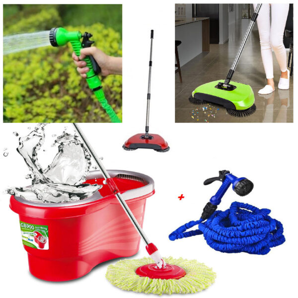Mop rotativ cu galeata + CADOU Matura profesionala 3in1, Rotatie 360 grade + Tava colectare cu magnet pentru praf + Furtun extensibil Magic Hose + Pistol de apa cu 8 functii