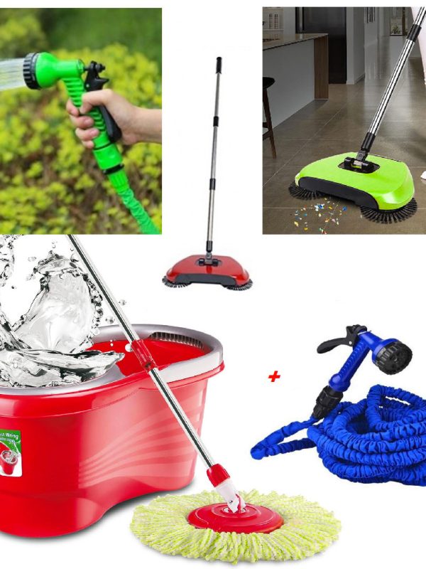 Mop rotativ cu galeata + CADOU Matura profesionala 3in1, Rotatie 360 grade + Tava colectare cu magnet pentru praf + Furtun extensibil Magic Hose + Pistol de apa cu 8 functii