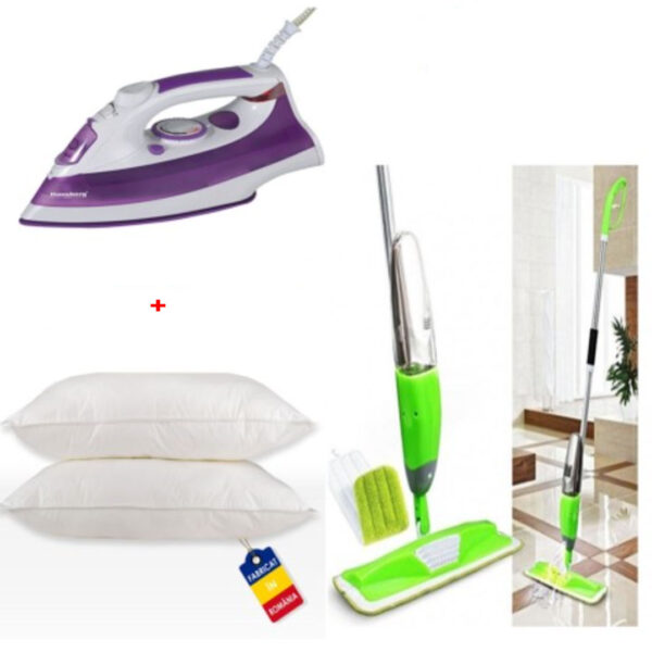 Mop cu pulverizator 2 in 1 Super Spray Germania + Fier de calcat cu aburi Ultra Slide + Set 2 Perne 50x70cm, puf siliconat, antialergic, fabricate in Romania!