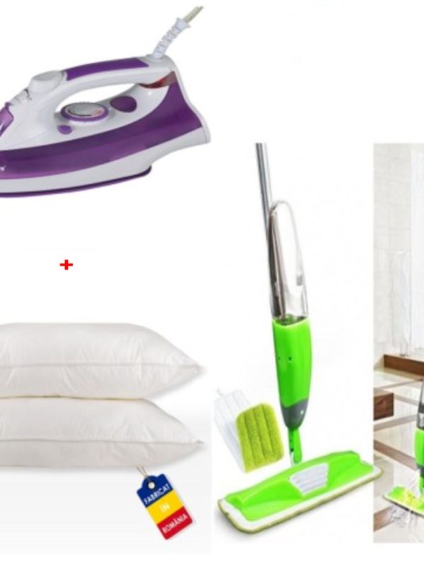 Mop cu pulverizator 2 in 1 Super Spray Germania + Fier de calcat cu aburi Ultra Slide + Set 2 Perne 50x70cm, puf siliconat, antialergic, fabricate in Romania!