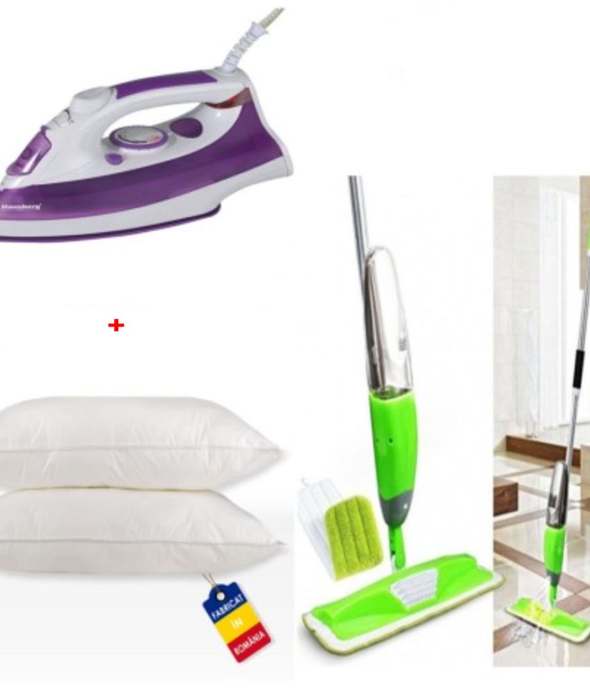 Mop cu pulverizator 2 in 1 Super Spray Germania + Fier de calcat cu aburi Ultra Slide + Set 2 Perne 50x70cm, puf siliconat, antialergic, fabricate in Romania!