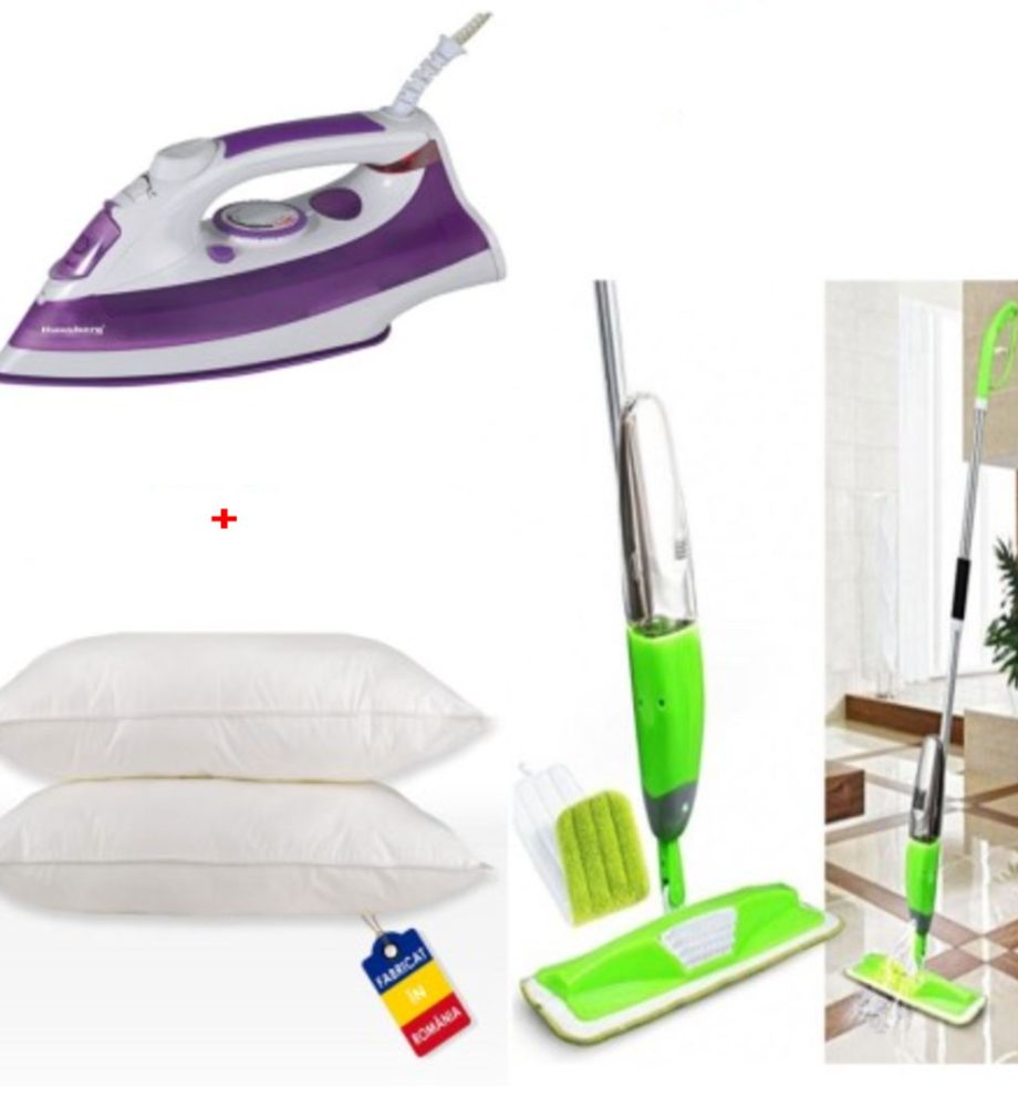 Mop cu pulverizator 2 in 1 Super Spray Germania + Fier de calcat cu aburi Ultra Slide + Set 2 Perne 50x70cm, puf siliconat, antialergic, fabricate in Romania!