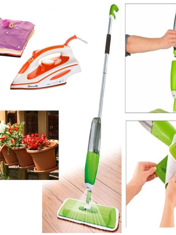 Mop cu pulverizator 2 in 1 Super Spray + Fier de calcat Ultra Slide + CADOU set 3 ghivece flori