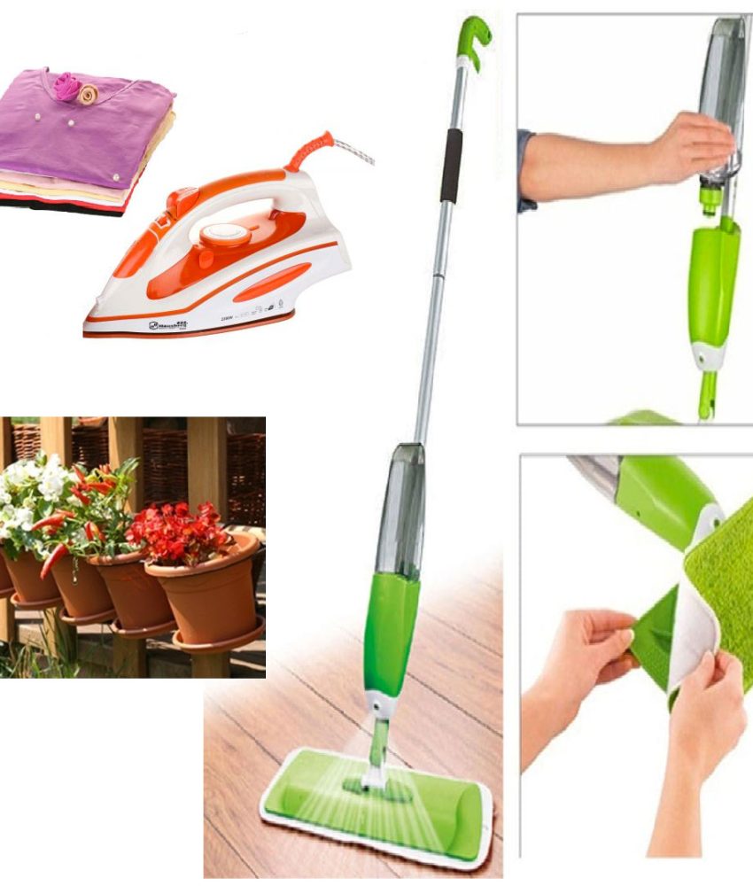 Mop cu pulverizator 2 in 1 Super Spray + Fier de calcat Ultra Slide + CADOU set 3 ghivece flori