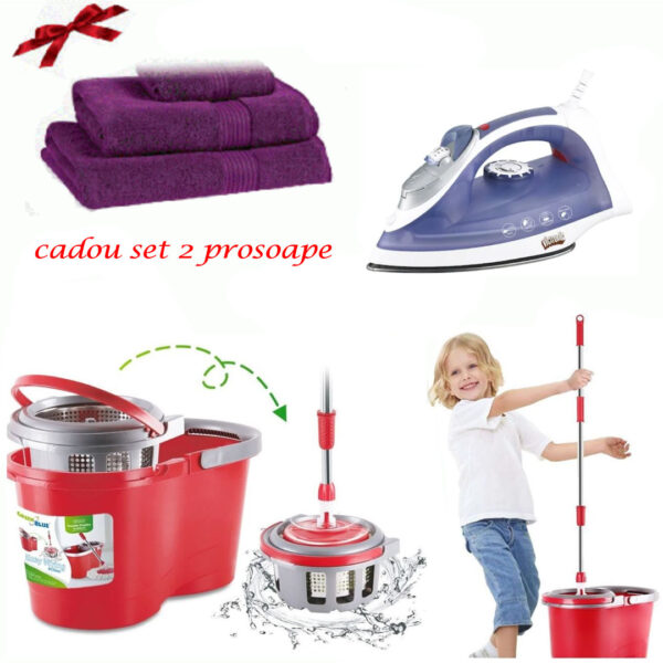 Mop rotativ cu galeata Easy Clean + Fier de calcat cu aburi Ultra Slide + CADOU Set 2 prosoape baie bumbac 100%!