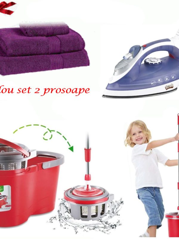 Mop rotativ cu galeata Easy Clean + Fier de calcat cu aburi Ultra Slide + CADOU Set 2 prosoape baie bumbac 100%!