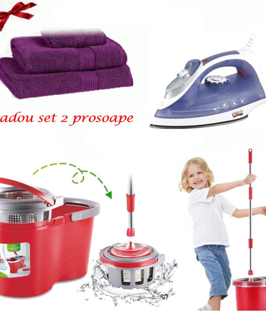 Mop rotativ cu galeata Easy Clean + Fier de calcat cu aburi Ultra Slide + CADOU Set 2 prosoape baie bumbac 100%!
