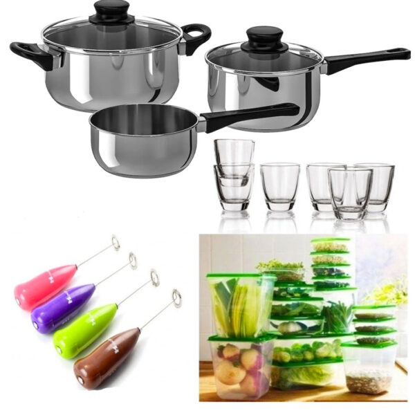 Oale inox, 5 piese + Set 17 caserole cu capace + Set 6 Pahare sticla + CADOU 1 Tel electric