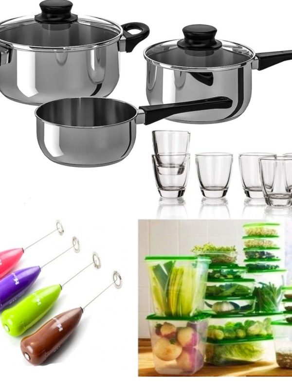 Oale inox, 5 piese + Set 17 caserole cu capace + Set 6 Pahare sticla + CADOU 1 Tel electric