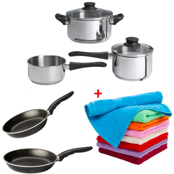 Oale inox 5 Piese, Norvegia + Set 2 Tigai teflon Premium + CADOU Set 2 Prosoape bumbac 100%, 50x60cm, cutie cadou!