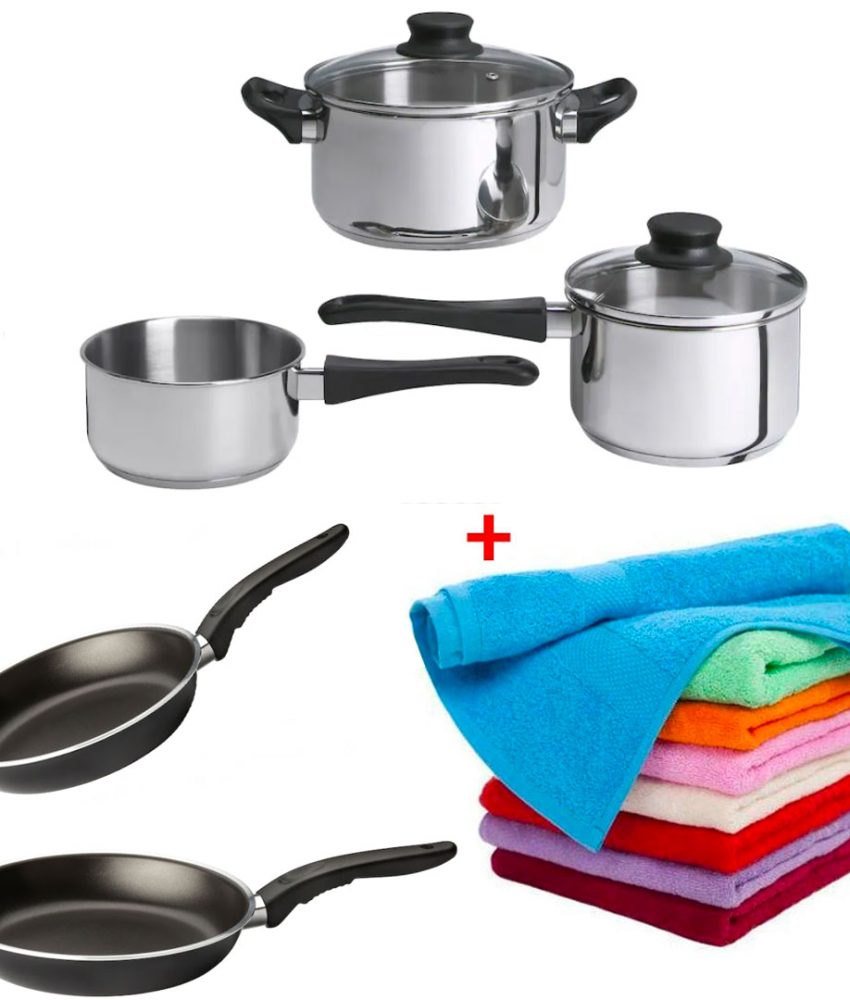 Oale inox 5 Piese, Norvegia + Set 2 Tigai teflon Premium + CADOU Set 2 Prosoape bumbac 100%, 50x60cm, cutie cadou!