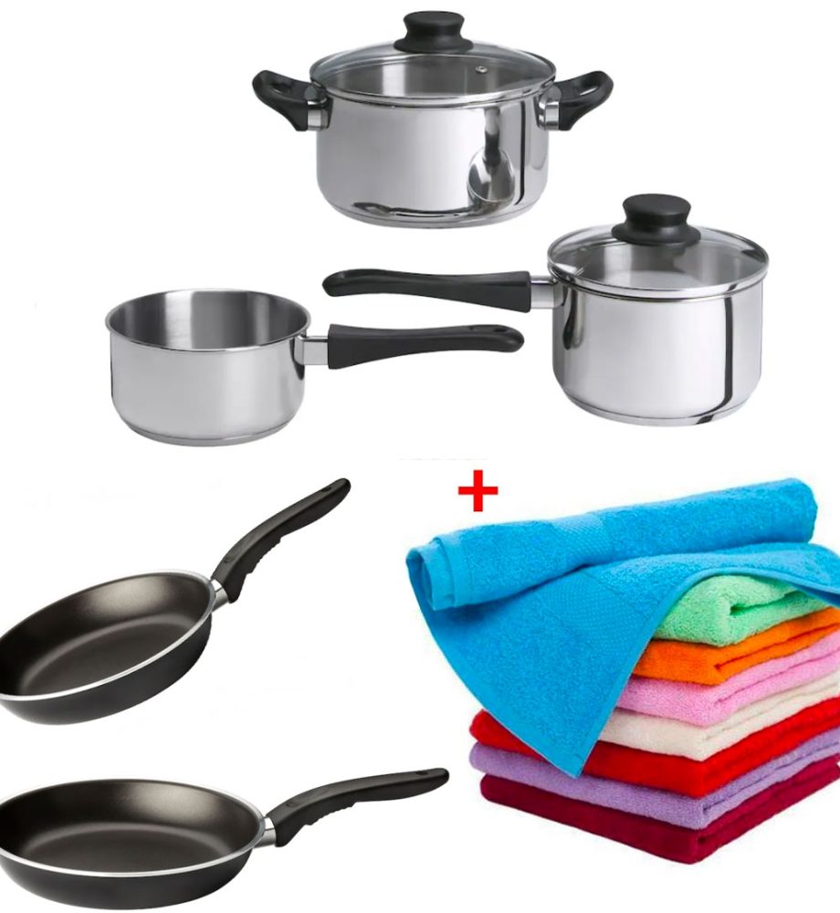 Oale inox 5 Piese, Norvegia + Set 2 Tigai teflon Premium + CADOU Set 2 Prosoape bumbac 100%, 50x60cm, cutie cadou!