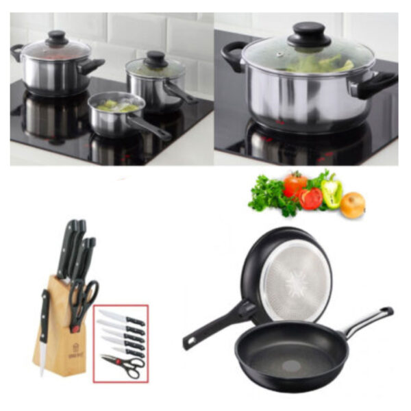 Oale si cratite inox 5 piese+ 2 Tigai teflon+ Set cutite 7 piese cu suport din lemn de pin!