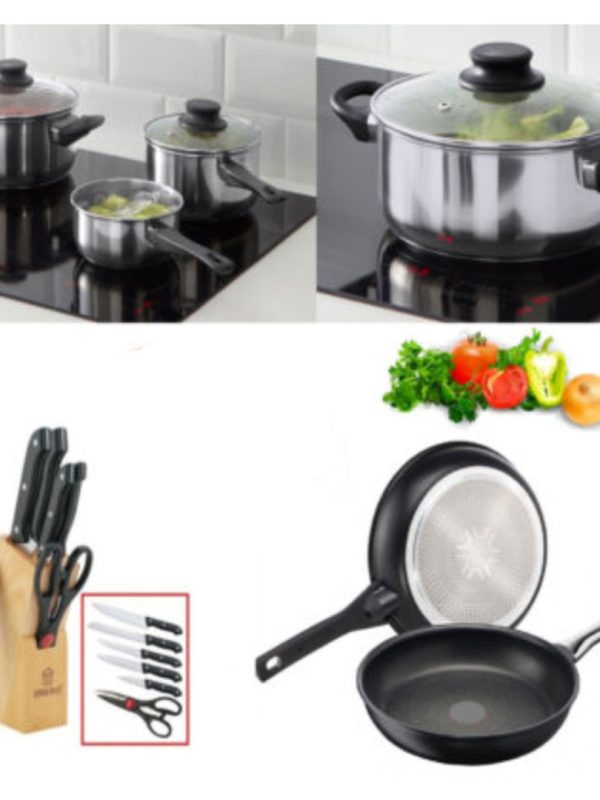 Oale si cratite inox 5 piese+ 2 Tigai teflon+ Set cutite 7 piese cu suport din lemn de pin!