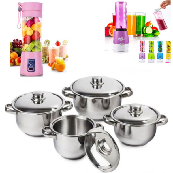 Set 4 Oale Inox Cu Capace, Soup Pot + Cadou Blender electric Shake n take, pentru fructe si legume!