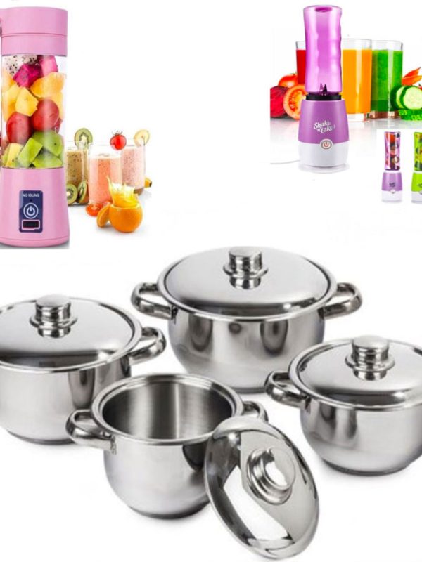 Set 4 Oale Inox Cu Capace, Soup Pot + Cadou Blender electric Shake n take, pentru fructe si legume!