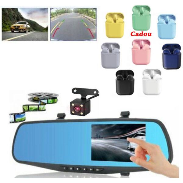 Oglinda retrovizoare heliomata, cu 2 camere video fata/spata, full HD + Cadou Casti wireless, AirPods i12 stereo, cu Stand de incarcare!