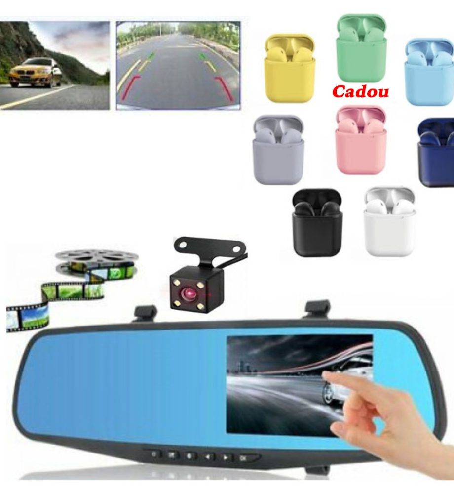 Oglinda retrovizoare heliomata, cu 2 camere video fata/spata, full HD + Cadou Casti wireless, AirPods i12 stereo, cu Stand de incarcare!