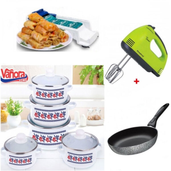 Oale si Cratite cu capace, set 10 piese, Model traditional + Mixer electric 7 viteze + Aparat de facut sarmale + CADOU Tigaie Teflon Delis 24cm