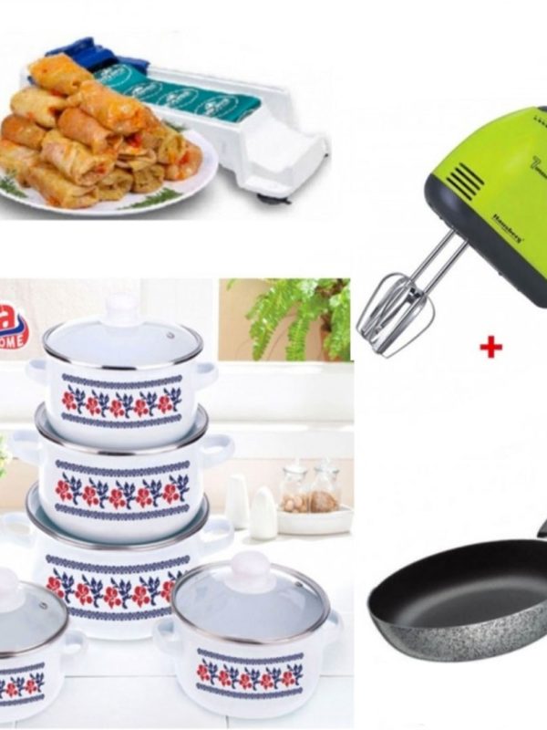 Oale si Cratite cu capace, set 10 piese, Model traditional + Mixer electric 7 viteze + Aparat de facut sarmale + CADOU Tigaie Teflon Delis 24cm