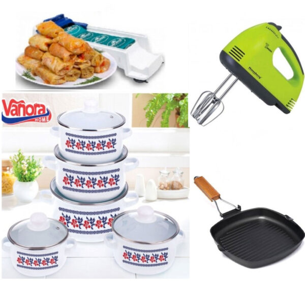 Oale si Cratite cu capace, 10 piese, otel carbon, model traditional + Mixer electric 7 viteze + Aparat de facut sarmale + CADOU Tigaie Grill non-stick!