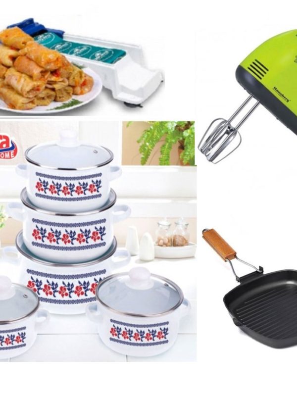 Oale si Cratite cu capace, 10 piese, otel carbon, model traditional + Mixer electric 7 viteze + Aparat de facut sarmale + CADOU Tigaie Grill non-stick!