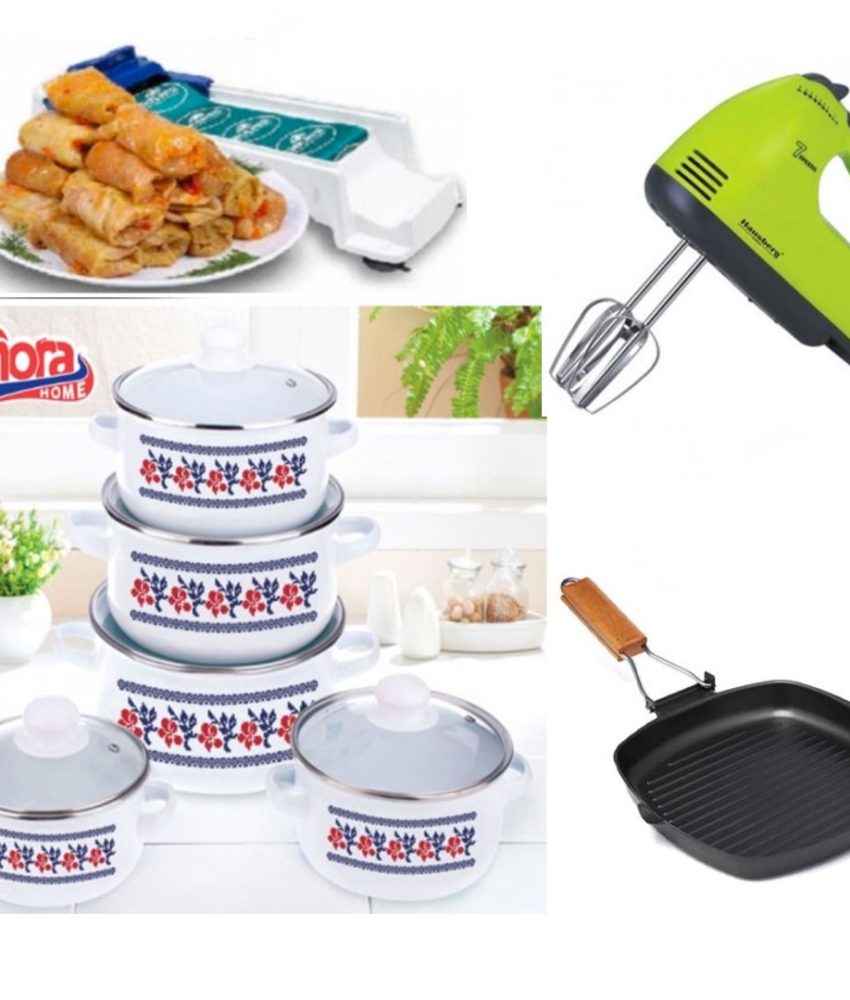 Oale si Cratite cu capace, 10 piese, otel carbon, model traditional + Mixer electric 7 viteze + Aparat de facut sarmale + CADOU Tigaie Grill non-stick!