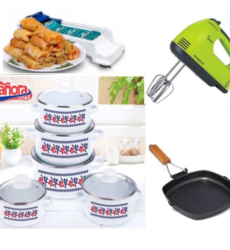 Oale si Cratite cu capace, 10 piese, otel carbon, model traditional + Mixer electric 7 viteze + Aparat de facut sarmale + CADOU Tigaie Grill non-stick!