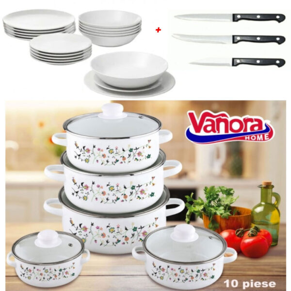 Oale si Capace, set 10 piese, model traditional + Set 12 Farfurii ceramica vitrificata + Set 3 Cutite inox Cadou!