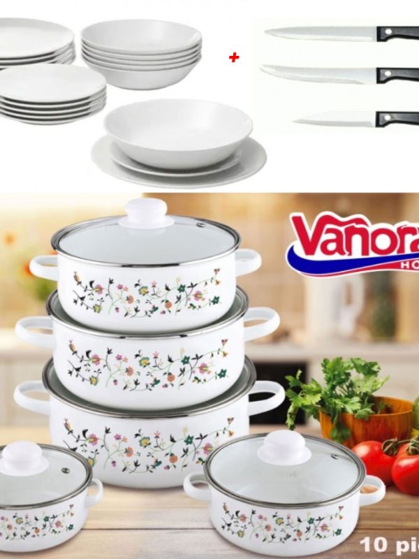 Oale si Capace, set 10 piese, model traditional + Set 12 Farfurii ceramica vitrificata + Set 3 Cutite inox Cadou!