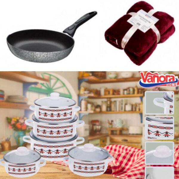 Oale si Cratite, set 10 piese, Model traditional Bucovina + Tigaie Delis teflon + Patura pufoasa Cadou!