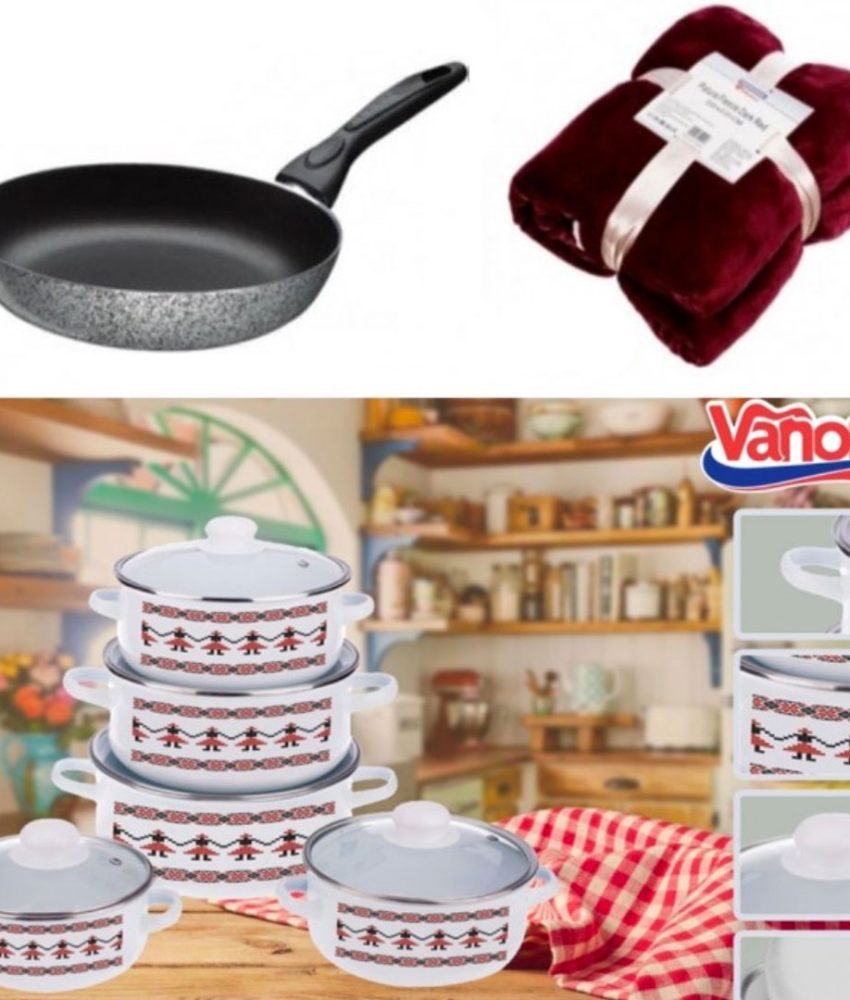 Oale si Cratite, set 10 piese, Model traditional Bucovina + Tigaie Delis teflon + Patura pufoasa Cadou!