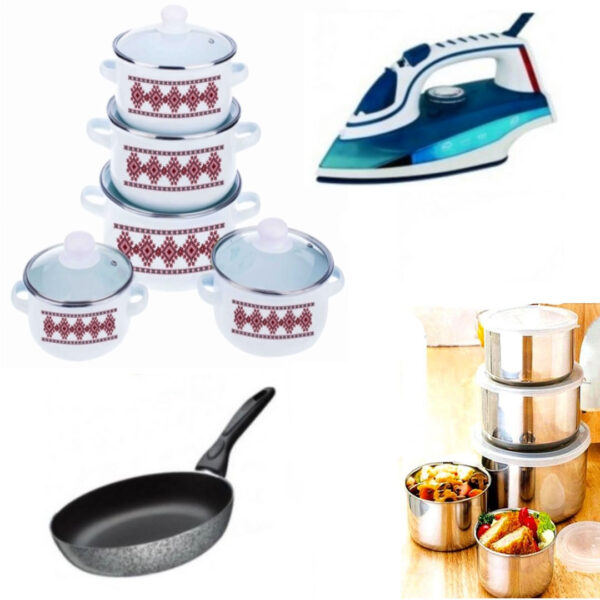 Set 10 piese Oale cu capace + Tigaie teflon adanca Delis + Fier de calcat cu aburi + Cadou Set 10 piese vase inox cu capace