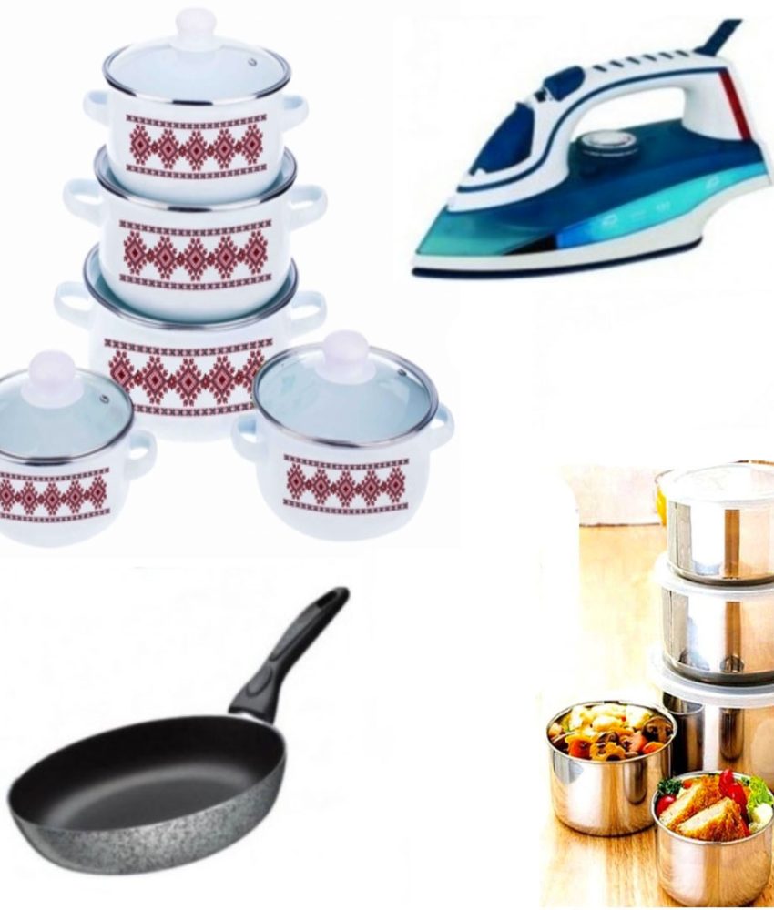 Set 10 piese Oale cu capace + Tigaie teflon adanca Delis + Fier de calcat cu aburi + Cadou Set 10 piese vase inox cu capace
