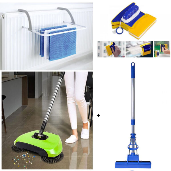 Matura rotativa 3 in 1 cu tava de colectare + Mop cu burete si coada telescopica + Dispozitiv magnetic de curatare geamuri + Uscator de rufe