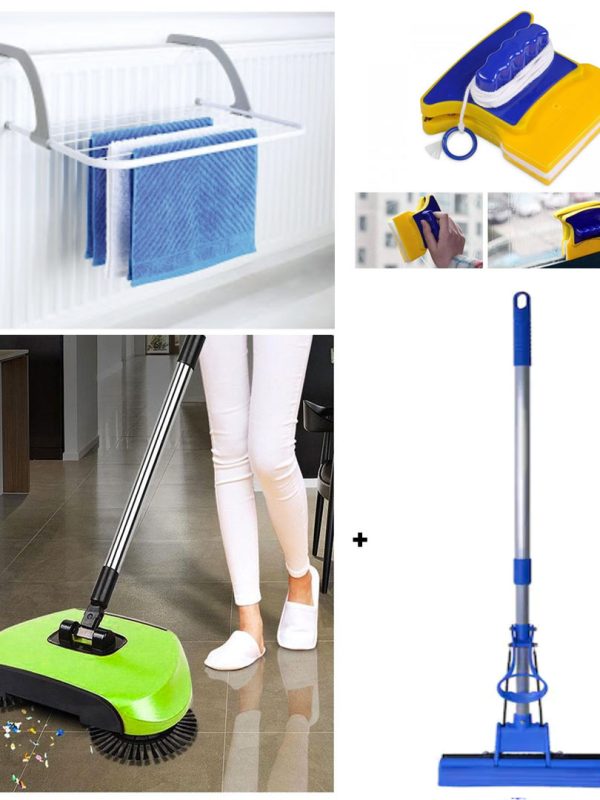 Matura rotativa 3 in 1 cu tava de colectare + Mop cu burete si coada telescopica + Dispozitiv magnetic de curatare geamuri + Uscator de rufe
