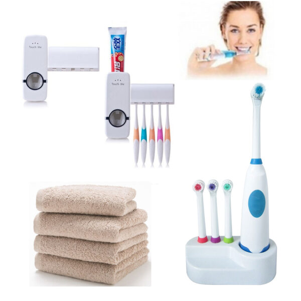 Periuta electrica de dinti Ultra Sonic cu suport si 3 capete de rezerva + Dozator pasta de dinti, senzor, suport de periute + CADOU Set 4 prosoape de fata, 30x50cm, bumbac 100%!