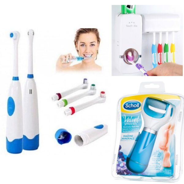 Periuta de dinti electrica, 3 capete de rezerva + Dozator pasta dinti cu suport periute, One Touch + Pila electrica de calcaie velvet Smooth