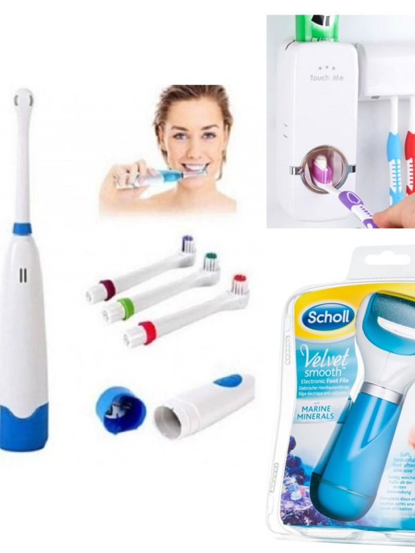 Periuta de dinti electrica, 3 capete de rezerva + Dozator pasta dinti cu suport periute, One Touch + Pila electrica de calcaie velvet Smooth