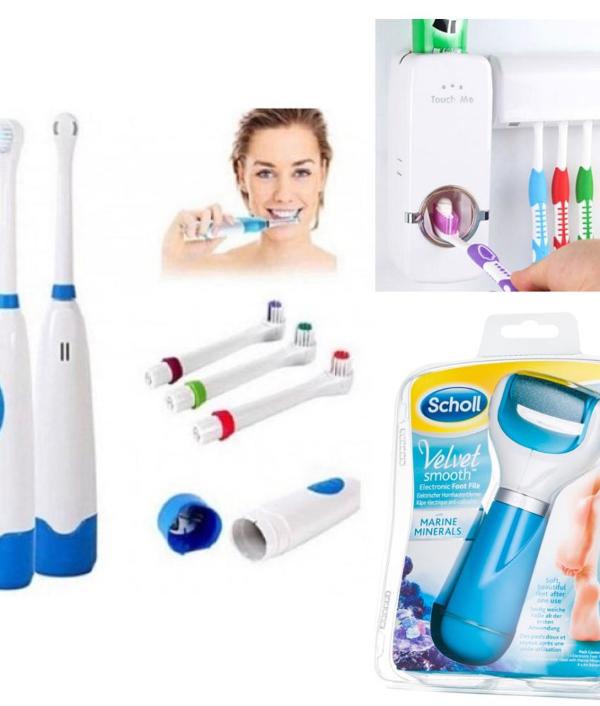 Periuta de dinti electrica, 3 capete de rezerva + Dozator pasta dinti cu suport periute, One Touch + Pila electrica de calcaie velvet Smooth