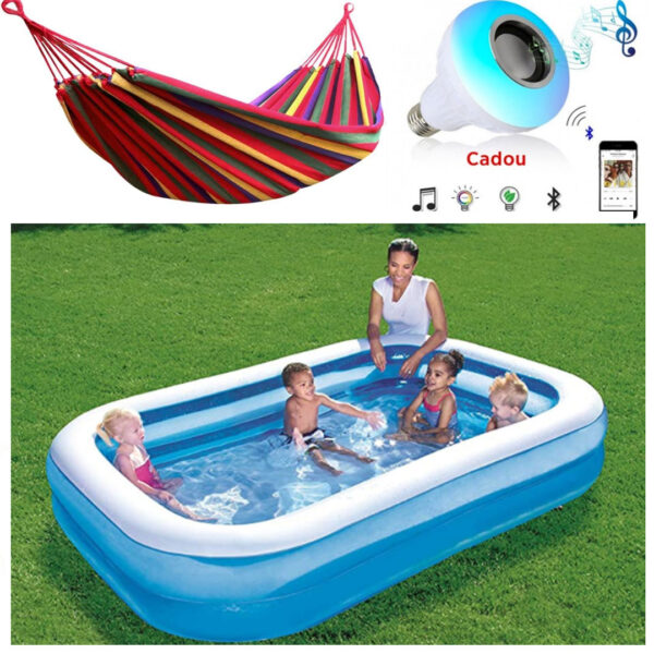 Piscina gonflabila JRH, 2 inele Family Pool, dreptunghiulara, 201x150x51cm  + Hamac columbian multicolor 80x200 cm + Cadou Bec inteligent cu bluetooth, leduri, boxa incorporabila si telecomanda!