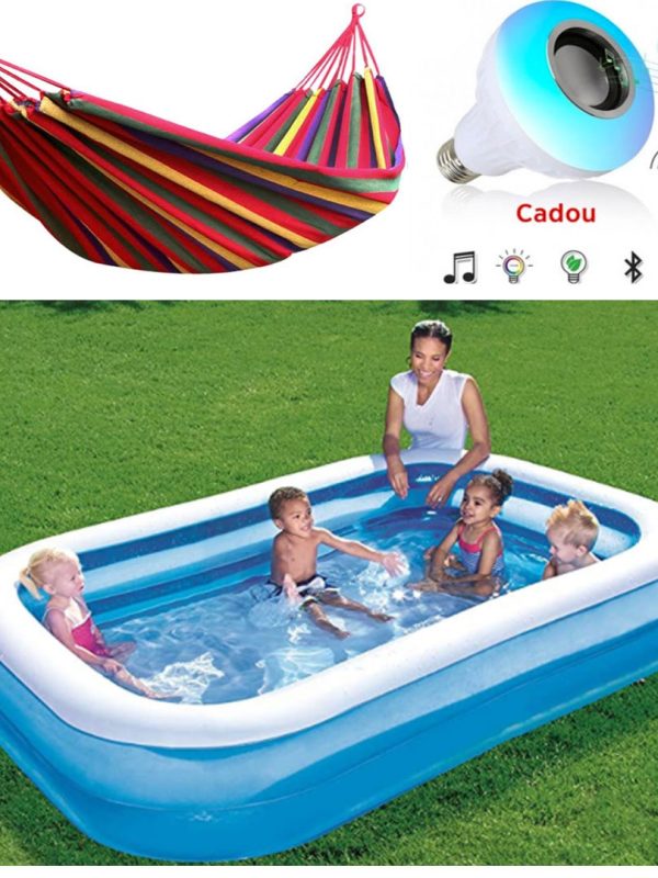 Piscina gonflabila JRH, 2 inele Family Pool, dreptunghiulara, 201x150x51cm  + Hamac columbian multicolor 80x200 cm + Cadou Bec inteligent cu bluetooth, leduri, boxa incorporabila si telecomanda!