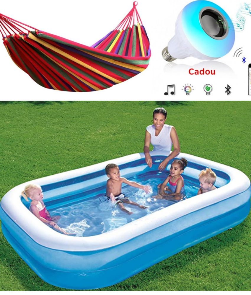 Piscina gonflabila JRH, 2 inele Family Pool, dreptunghiulara, 201x150x51cm  + Hamac columbian multicolor 80x200 cm + Cadou Bec inteligent cu bluetooth, leduri, boxa incorporabila si telecomanda!