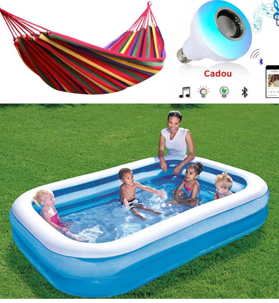 Piscina gonflabila JRH, 2 inele Family Pool, dreptunghiulara, 201x150x51cm  + Hamac columbian multicolor 80x200 cm + Cadou Bec inteligent cu bluetooth, leduri, boxa incorporabila si telecomanda!