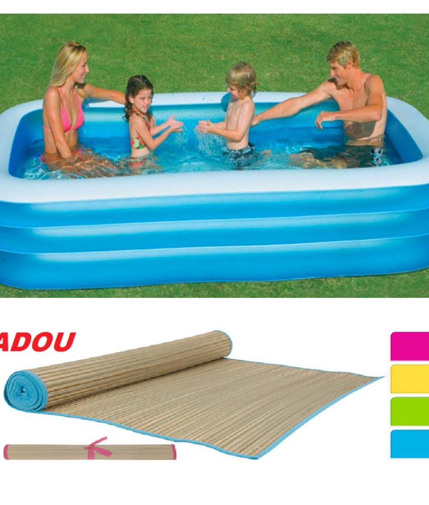 Piscina gonflabila JRH, 2 inele Family Pool, dreptunghiulara, 201x150x51cm + Rogojina de plaja din bambus + Gratar BBQ pliabil, carbuni + Cadou o geanta frigorifica!