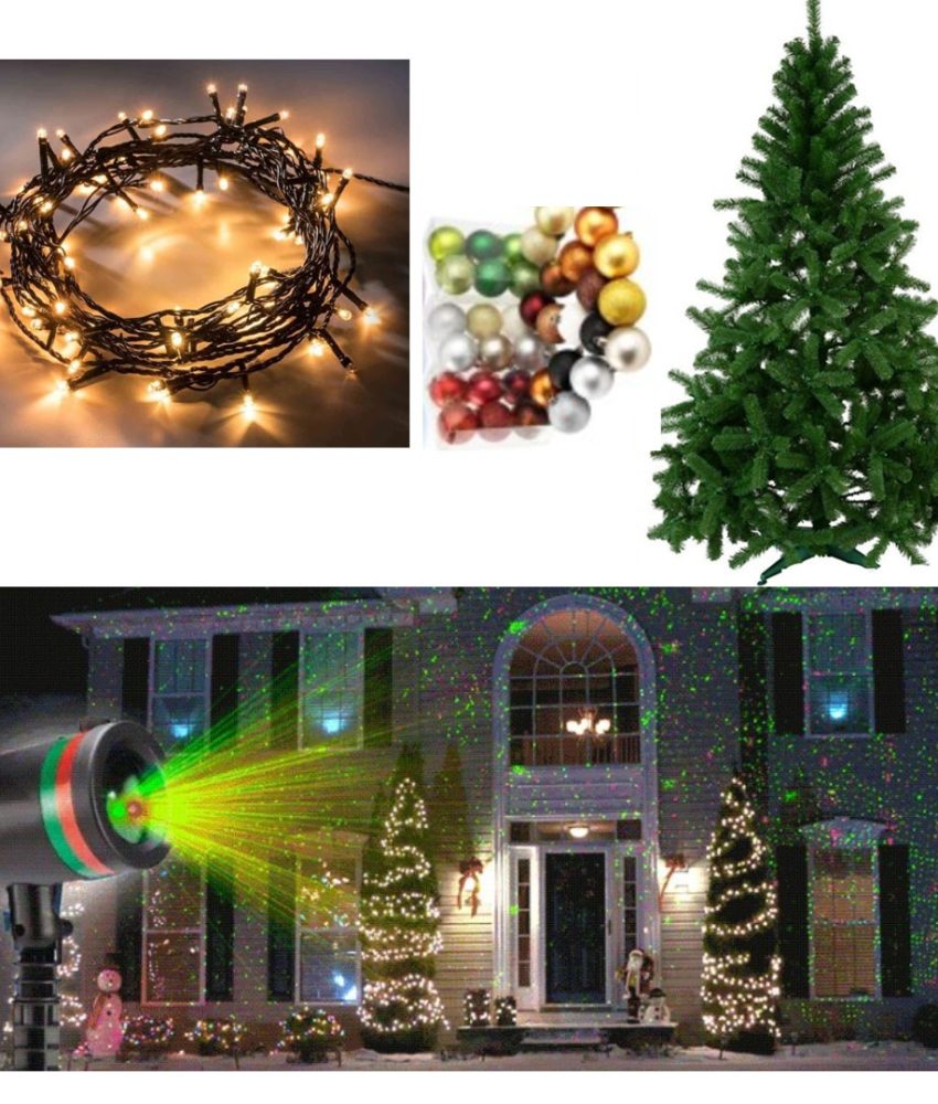 Proiector cu jocuri de lumini verzi si rosii pentru exteriorul sau interiorul casei + Brad artificial, suport metalic, 1,8m + CADOU 24 Globuri/Decoratiuni + Instalatie Brad!