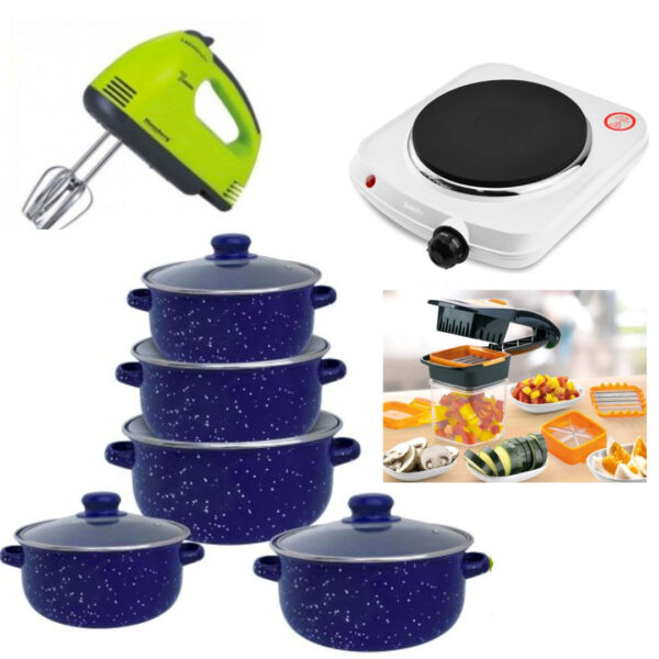 Oale si Cratite cu capace, Set 10 Piese Otel carbon, Editie Limitata + Mixer electric 7 viteze, 4 Palete + Plita electrica cu 1 arzator + CADOU Razatoare Profesionala Nicer Dicer Quick 5 In 1